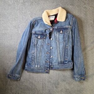 Old Navy Sherpa Lined‎ Denim Jacket Women's Small Blue Trucker Plaid Lined